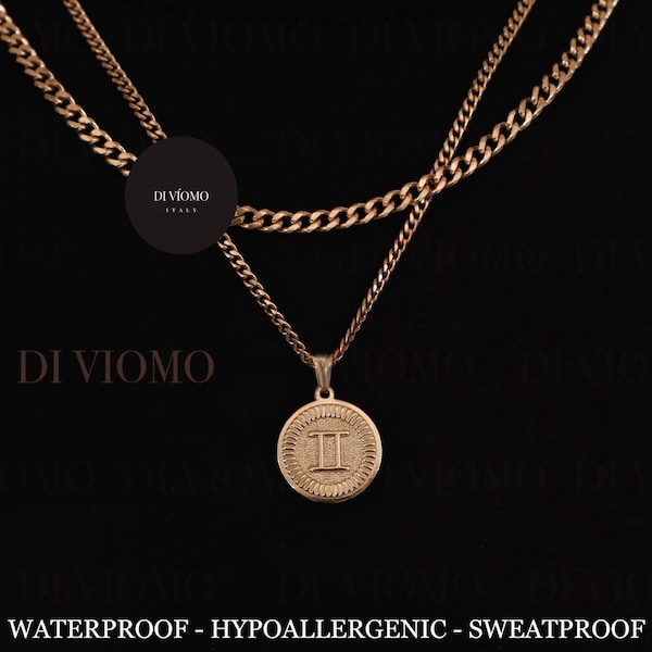 18k Gold Gemini Pendant Necklace, Zodiac Necklace, Gemini Necklace Gold Waterproof Necklace Stainless Steel Gift for Him Birthday Gift