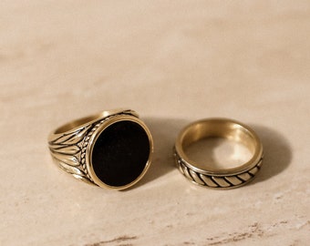 18k Gold Black Onyx Ring Set, Black Stone Ring Men, Men's Black Stone Ring, Black Signet Ring Men, Stainless Steel, Waterproof Ring, Gift