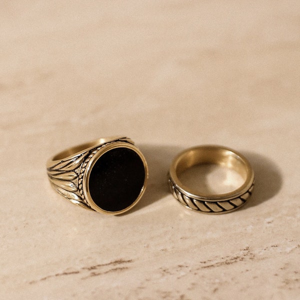 18k Gold Black Onyx Ring Set, Black Stone Ring Men, Men's Black Stone Ring, Black Signet Ring Men, Stainless Steel, Waterproof Ring, Gift