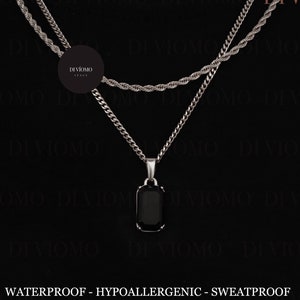 Silver Black Onyx Pendant Necklace, Black Stone Pendant Men, Waterproof Necklace, Men&#39;s Black Stone Necklace, Stainless Steel, Gift for Him