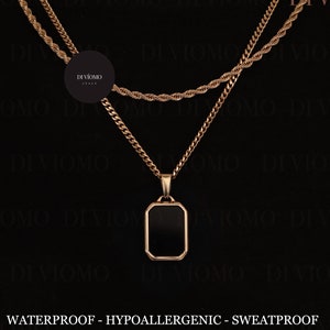 18K Gold Black Onyx Pendant Necklace, Rectangle Black Stone Pendant Men, Men's Black Stone Necklace, Stainless Steel, Perfect Gift for Him