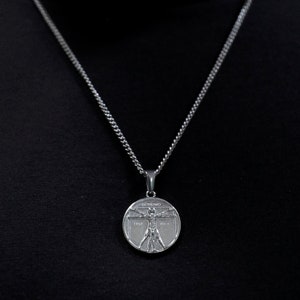 18k Silver  Da Vinci Vitruvian Man Pendant Chain Mens Humankind Necklace Gold Man Pendant Vintage Necklace For Men  Boyfriend Gift