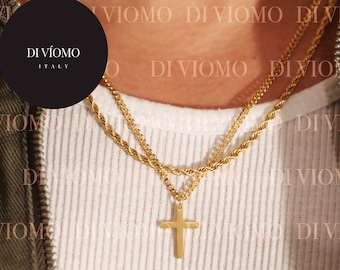 18k Gold Cross Necklace Layered Set Cross Necklace Men Gold Cross Pendant Christian Jewelry Boyfriend Gift Gift For Him Gift For Boyfriend