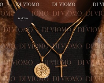 18k Gold Compass North Star Pendant, Waterproof Necklace, Stainless Steel, Compass Necklace, Cross Necklace,   Gift For Him