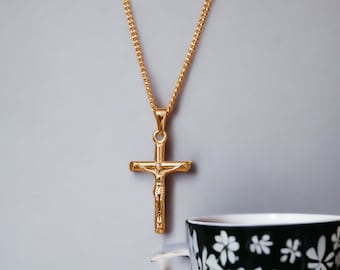 18k Gold Kruzifix Halskette Gold Kreuz Halskette Männer Gold Kreuz Anhänger Christian Schmuck Freund Geschenk Geschenk für ihn Geschenk für Freund