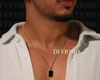 Collar colgante de ónix negro de oro de 18 quilates REC collar impermeable, colgante de piedra negra, collar de piedra negra para hombre regalo de acero inoxidable para él