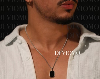 Collier pendentif en argent 18 carats avec onyx noir, collier étanche REC, pendentif pierre noire, collier pierre noire pour homme en acier inoxydable cadeau pour lui