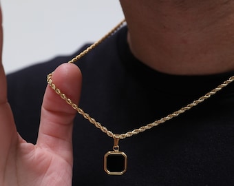 18K Gold Black Onyx Pendant Necklace, Black Stone Pendant Men, Men's Black Stone Necklace, Stainless Steel, Perfect Gift for Him