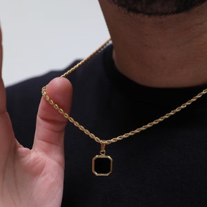 18K Gold Black Onyx Pendant Necklace, Black Stone Pendant Men, Men's Black Stone Necklace, Stainless Steel, Perfect Gift for Him