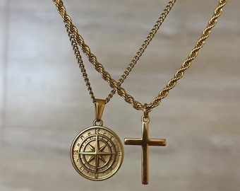 18k Gold Compass North Star Pendant Chain Compass Necklace Layered Set Necklace For Men Cross Pendant Gift For Him Gift For Boyfriend