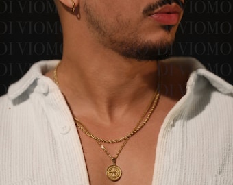 18k Gold Compass Pendant North Star Mens Compass Layered Set Gold Rope Chain Waterproof Necklace For Men Stainless Steel Gift For Boyfriend