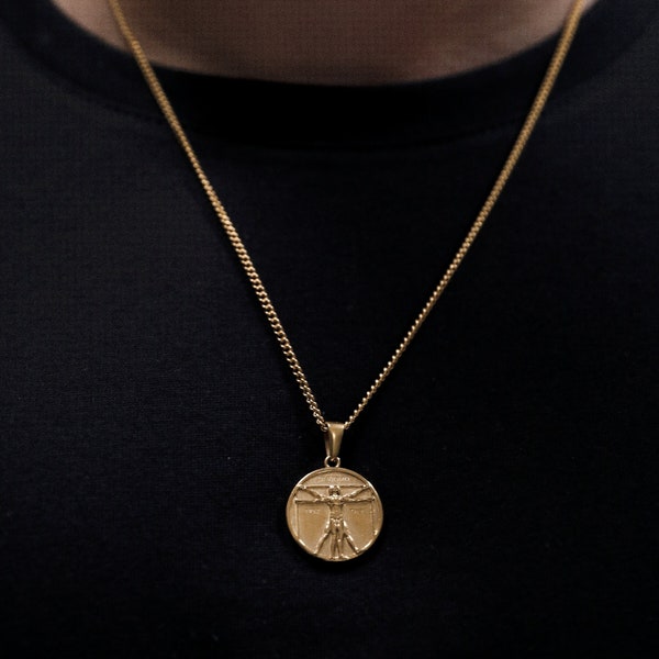 18k Gold Da Vinci Vitruvian Man Pendant Chain Mens Humankind Necklace Gold Man Pendant Vintage Necklace For Men Boyfriend Man Boyfriend Gift