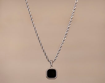 18K Silver Black Onyx Pendant Necklace, Black Stone Pendant Men, Men's Black Stone Necklace, Stainless Steel, Perfect Gift for Him