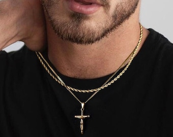 18k Gold Crucifix Rope Pendant Chain Compass Necklace Crucifix Layered Set Necklace For Men Cross Necklace Gift For Him Gift For Boyfriend