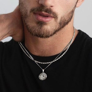 18k Silver Compass Pendant Man Necklace For Man Necklace Pendant Layered Set Silver Rope Chain Necklace For Man Jewelry Gift For Him