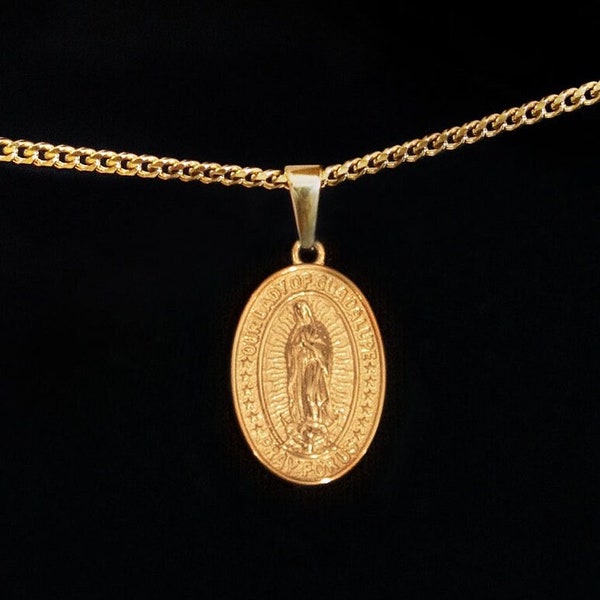 18k Gold St Mary Pendant Saint Mary Medal Virgin Mary Necklace Protector Pendant Stainless Steel Necklace For Men Gift For Man