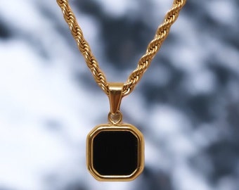 18K Gold Schwarz Onyx Anhänger Halskette, Schwarz Stein Anhänger Männer, Herren Schwarz Stein Halskette, Edelstahl, Perfektes Geschenk für Ihn