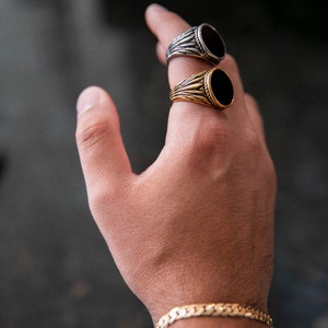 18k Gold Onyx Ring Set, schwarzer Steinring Männer, Herrenring schwarzer Stein, schwarzer Siegelring Männer, Edelstahl, wasserdichter Ring, Geschenk Bild 8