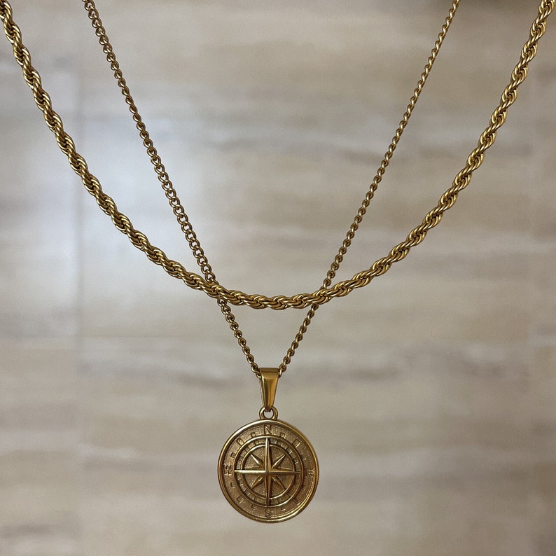18k Gold Compass Pendant North Star Mens Compass Layered Set Gold Rope Chain Waterproof Necklace For Men Stainless Steel Gift For Boyfriend image 2
