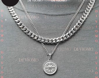 Silver Compass North Star Pendant Cuban Link Chain, Stainless Steel Gold Compass Pendant Necklace For Man Waterproof Necklace Gift for Him