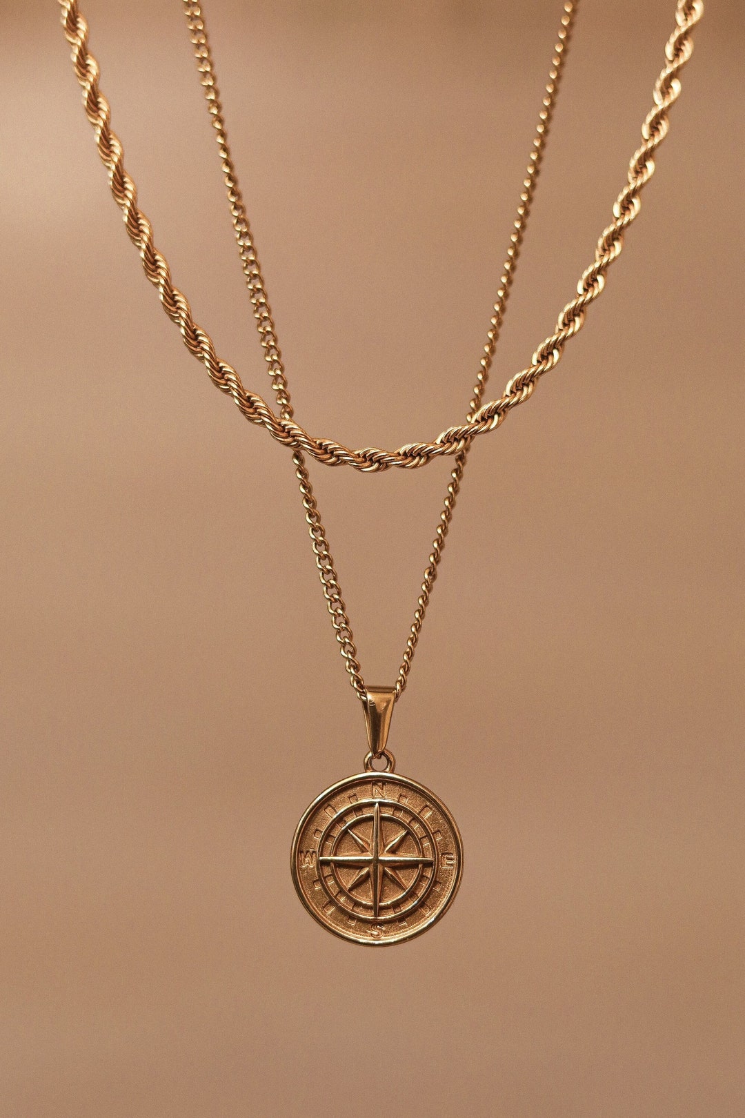 18k Gold Compass Pendant North Star Mens Compass Layered Set Gold Rope
