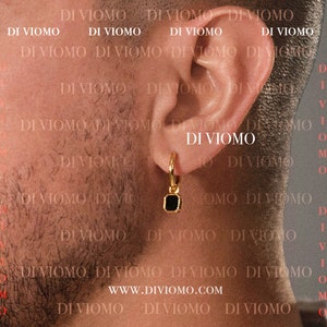 18K Gold Black Onyx Dangle Earring, Mens Earring, Gold Hoop Dangle Earring, Mens Hoop Earring, Onyx Gemstone Earring, Waterproof Earring