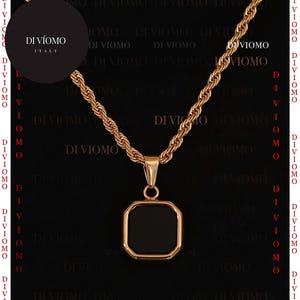 18K Gold Black Onyx Pendant Necklace, Waterproof, Black Stone Pendant Men, Men's Black Stone Necklace, Stainless Steel, Perfect Gift for Him