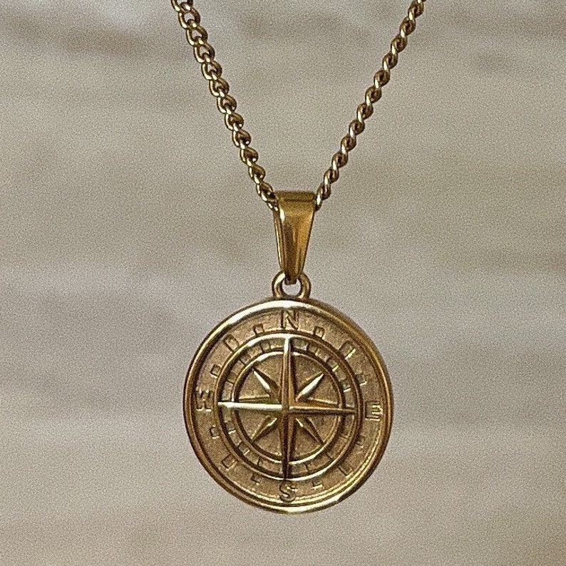 18k Gold Compass North Star Pendant Chain Mens Necklace Gold Etsy