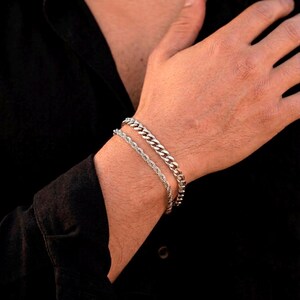 Silver Rope Bracelet, Waterproof Bracelet, Mens Silver Cuban Curb Bracelet, Stainless Steel, Mens Jewelry, Cuban Chain for Men Gift