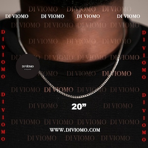 May include: A silver chain necklace against a black background. The chain is 20 inches long and features a curb link design. The text "DI VIOMO" is repeated in a pattern on the background. The website address "www.diviomo.com" is also included in the image.