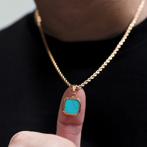 18K Gold Turquoise Blue Pendant Necklace, Turquoise Stone Pendant Men, Men's Black Stone Necklace, Stainless Steel, Perfect Gift for Him