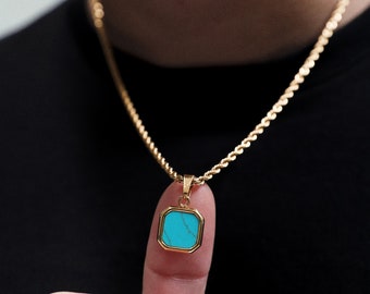 18K Gold Turquoise Blue Pendant Necklace, Turquoise Stone Pendant Men, Men's Black Stone Necklace, Stainless Steel, Perfect Gift for Him