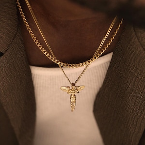 Halskette mit Engelanhänger aus 18-karätigem Gold, Engelanhängerkette, mehrreihiges Engel-Set, wasserfeste Halskette, Edelstahl, Halskette für Männer, Geschenkidee für ihn