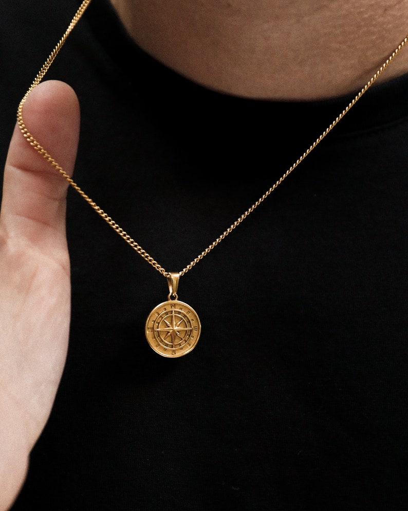 18k Gold Compass Pendant North Star Mens Compass Layered Set Gold Rope Chain Waterproof Necklace For Men Stainless Steel Gift For Boyfriend image 5