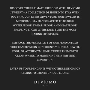 May include: Text overlay on a black background describing Di V&iacute;oomo jewelry as waterproof, sweat-proof, and heatproof. The text states that the jewelry is designed to stay with you through every adventure.