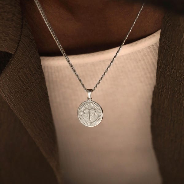 Silver Aries Pendant Necklace, Zodiac Necklace, Silver Aries Necklace, Gold Waterproof Necklace, Stainless Steel, Gift for Him Birthday Gift