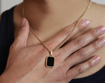 18K Gold Black Onyx Pendant Necklace REC Waterproof Necklace, Black Stone Pendant, Men's Black Stone Necklace, Stainless Steel, Gift for Him