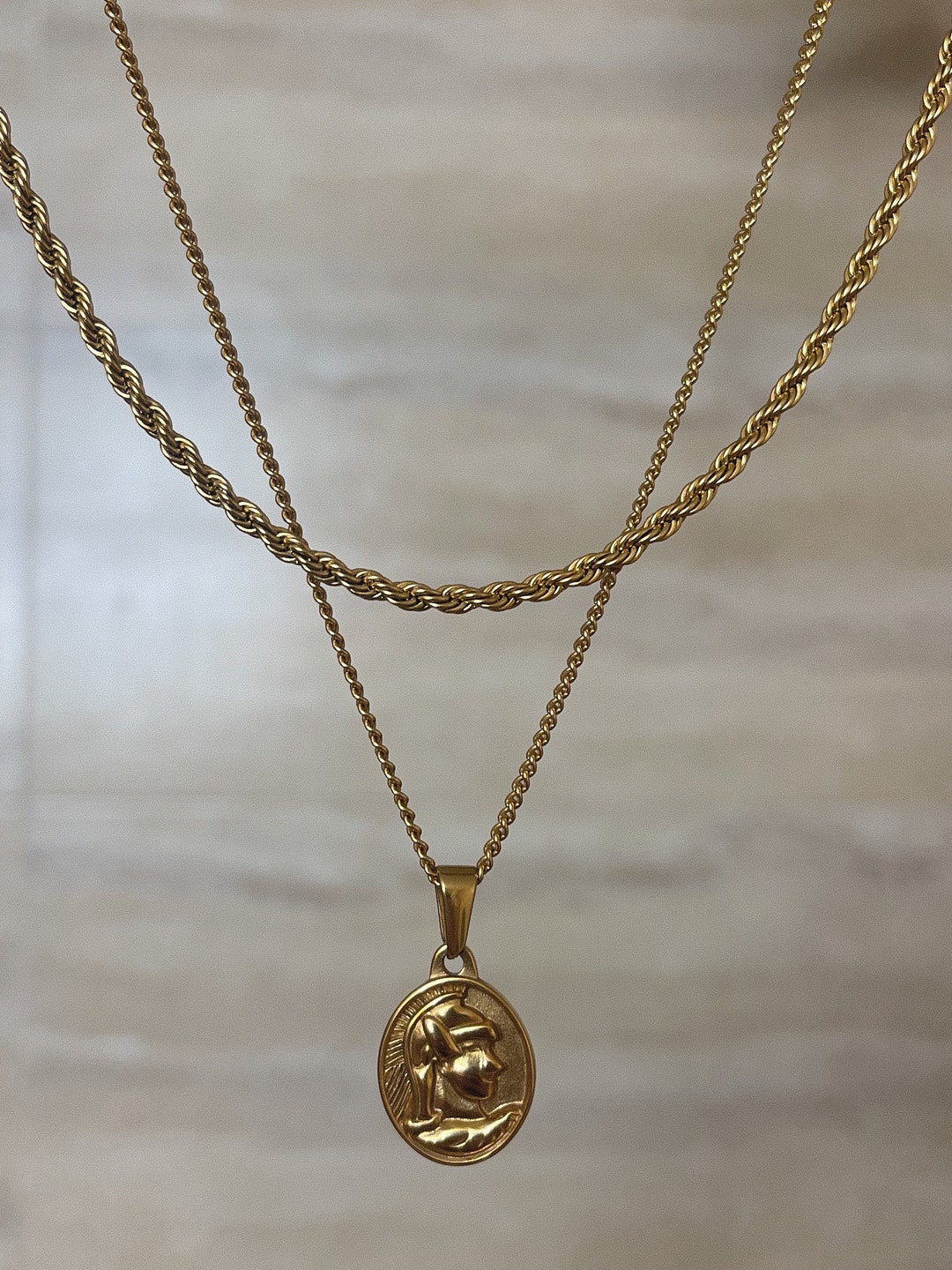 18k Gold Greek Pendant Spartan Necklace North Star Mens Compass Layered ...