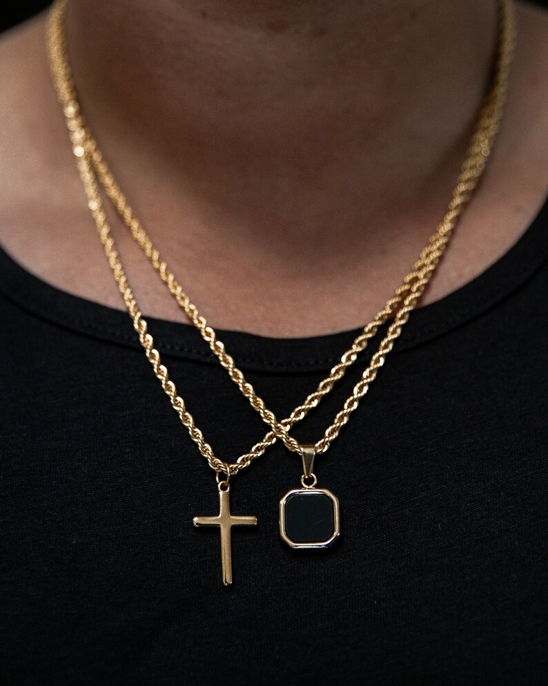 18k Gold Cross Necklace Gold Cross Necklace Stainless Steel Men Gold Cross Pendant Christian Jewelry Gift For Him Gift For Boyfriend Gold Cross+Onyx Set