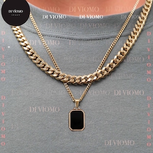 18K Gold Black Onyx Pendant Necklace, Rectangle Black Stone Pendant Men, Men's Black Stone Necklace, Stainless Steel, Perfect Gift for Him