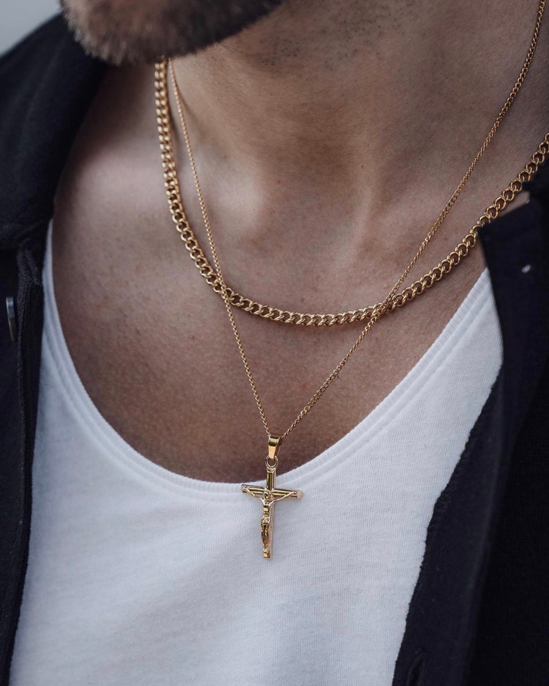 18k Gold Crucifix Necklace, Waterproof Necklace, Stainless Steel Necklace, Cross Necklace Crucifix Layered Set Necklace For Men Gift For Him image 8