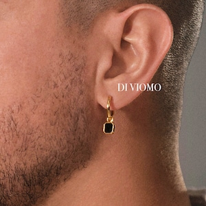 18K Gold Black Onyx Dangle Earring, Mens Earring, Gold Hoop Dangle Earring, Mens Hoop Earring, Onyx Gemstone Earring, Waterproof Earring