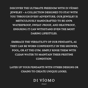 May include: Text overlay on a black background describing Di V&iacute;oomo jewelry as waterproof, sweat-proof, and heatproof. The text states that the jewelry is designed to stay with you through every adventure.
