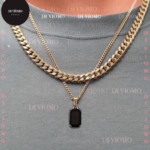 18K Gold Black Onyx Pendant Necklace, Cuban Link Chain, Black Stone Pendant Men, Men's Black Stone Necklace, Stainless Steel, Gift for Him
