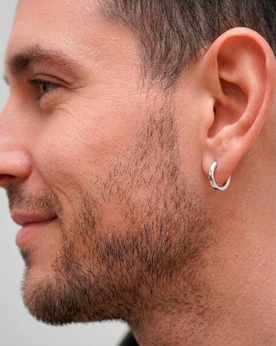 Men's Silver Huggie Earrings, Small Hoop Earrings, 18k Gold Plated, 925 Sterling Silver, Mens Jewelry, Waterproof, Boyfriend Gift For Him