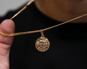 18k Lion of Judah Coin Pendant for Men Lion Coin Pendant Chain Mens Chain Lion Necklace Gold Pendant Vintage Tiger Head Man Boyfriend Gift