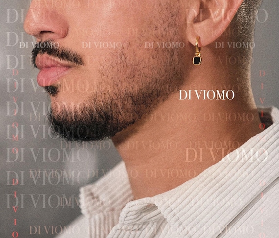 18K Gold Black Onyx Dangle Earring, Mens Earring, Gold Hoop Dangle Earring, Mens Hoop Earring, Onyx Gemstone Earring, Waterproof Earring