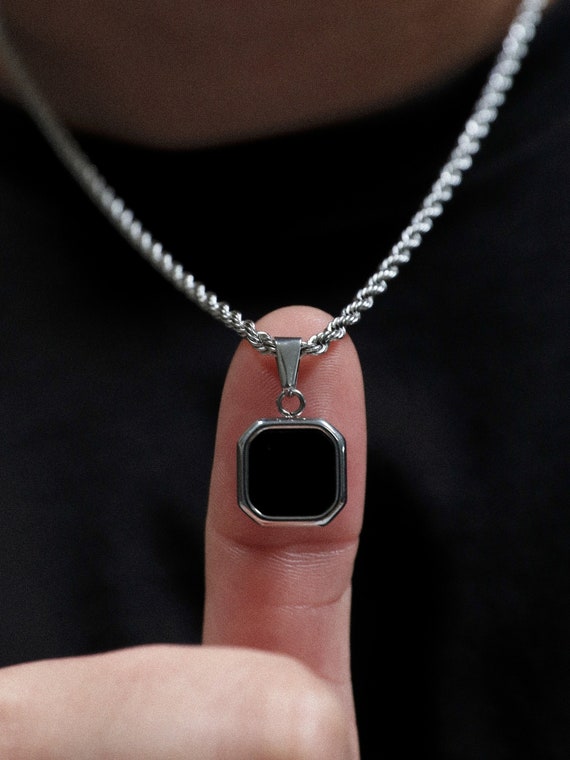Black Onyx Stone Pendant Silver Mens Necklace Stone Pendant 