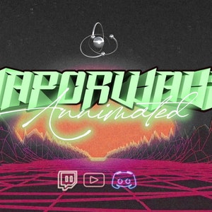 Puede incluir: Un gráfico de texto verde neón y blanco que dice "Vaporwave Animated" sobre un fondo oscuro con un patrón de cuadrícula rojo y negro. El gráfico se coloca frente a una puesta de sol con un símbolo de átomo plateado encima. El gráfico incluye iconos para Twitch, YouTube y Discord.