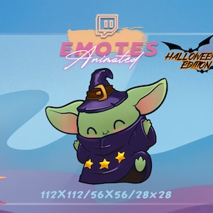 Könnte beinhalten: Animiertes Twitch-Emote mit einer grünen, cartoonartigen Figur, die einen lila Hexenhut und ein Gewand mit goldenen Sternen trägt. Die Figur hat große Ohren und einen fröhlichen Ausdruck. Der Text "EMOTES Animated" und "HALLOWEEN EDITION" ist im Hintergrund sichtbar.